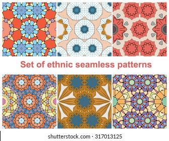 Set of six colorful geometric patterns (seamlessly tiling).Seamless pattern can be used for wallpaper, pattern fills, web page background, surface textures. Fashion seamless backgrounds.