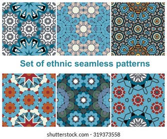 Set of six colorful geometric patterns (seamlessly tiling).Seamless pattern can be used for wallpaper, pattern fills, web page background, surface textures. Fashion seamless backgrounds.