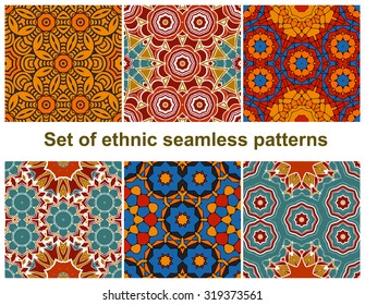 Set of six colorful geometric patterns (seamlessly tiling).Seamless pattern can be used for wallpaper, pattern fills, web page background, surface textures. Fashion seamless backgrounds.