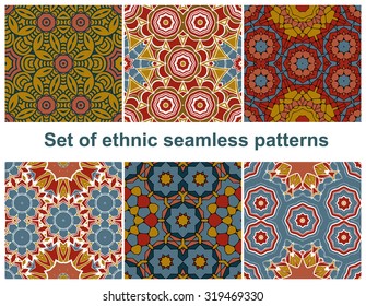 Set of six colorful geometric patterns (seamlessly tiling).Seamless pattern can be used for wallpaper, pattern fills, web page background, surface textures. Fashion seamless backgrounds.