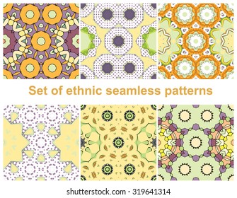 Set of six colorful geometric patterns (seamlessly tiling).Seamless pattern can be used for wallpaper, pattern fills, web page background, surface textures. Fashion seamless backgrounds.