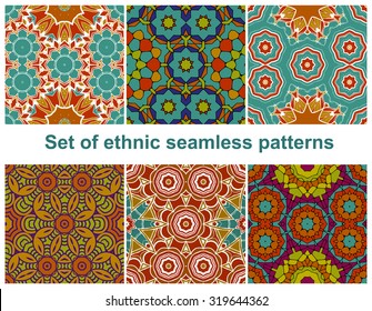 Set of six colorful geometric patterns (seamlessly tiling).Seamless pattern can be used for wallpaper, pattern fills, web page background, surface textures. Fashion seamless backgrounds.