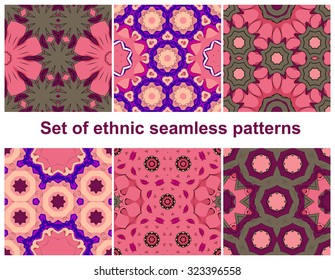 Set of six colorful geometric patterns (seamlessly tiling).Seamless pattern can be used for wallpaper, pattern fills, web page background, surface textures. Fashion seamless backgrounds.