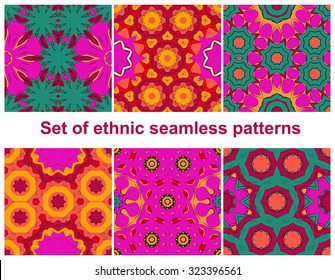 Set of six colorful geometric patterns (seamlessly tiling).Seamless pattern can be used for wallpaper, pattern fills, web page background, surface textures. Fashion seamless backgrounds.
