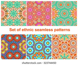 Set of six colorful geometric patterns (seamlessly tiling).Seamless pattern can be used for wallpaper, pattern fills, web page background, surface textures. Fashion seamless backgrounds.