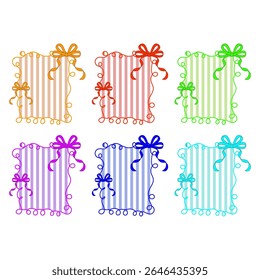 Set of six colorful gift wrap frames with striped backgrounds and decorative bows.
