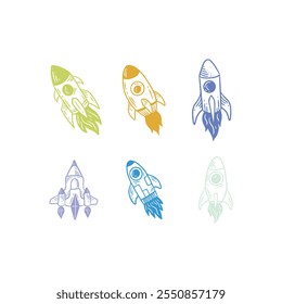 Set of six colorful hand-drawn rocket illustrations in different styles on a white background. Vector elements for space and exploration themes