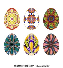 Set of six Colorful Hand-painted Easter eggs with Mandala pattern on White Background.