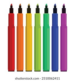 Set of six colorful highlighter pens with their caps on standing up in a row