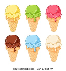 Set of six colorful ice cream cone with different flavor in waffle cone in cartoon style isolated on white background. Perfect for summer dessert cafe and sweet food design.