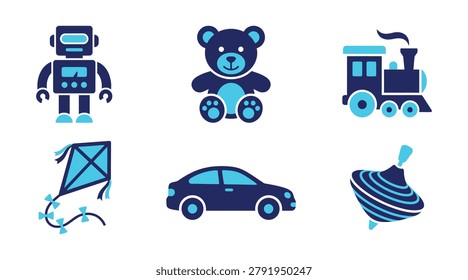 A set of six colorful icons featuring a robot, teddy bear, train, kite, car, and spinning top. All icons are in a dark blue and light blue color scheme.