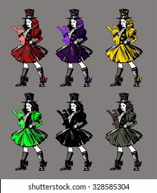 Set of six colorful illustrations of a Gothic girl holding a toy rabbit in her hands