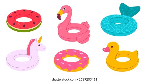 Set of six colorful inflatable pool floats shaped like flamingo, unicorn, duck, watermelon, donut, and mermaid tail, perfect for summer designs and kids' graphics
