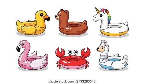 A set of six colorful inflatable pool floats, including a duck, bear, unicorn, flamingo, crab, and llama.