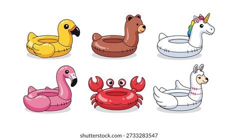 Um conjunto de seis flutuadores infláveis coloridos da piscina, incluindo um pato amarelo, urso marrom, unicórnio branco, flamingo rosa, caranguejo vermelho e lhama branca.