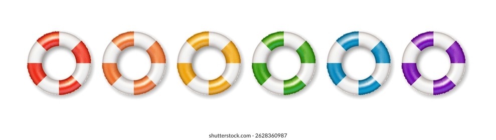 Set of six colorful lifebuoys in sequence against white background. Brightly colored safety equipment ideal for maritime themes or summer designs.