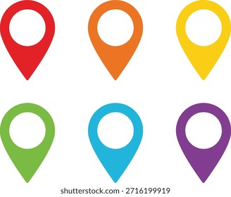 A set of six colorful map marker icons in different colors, including red, orange, yellow, green, blue, and purple, arranged in two rows on a white background.