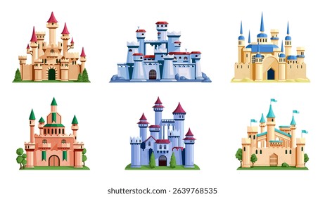 Set of six colorful medieval castles in cartoon graphic style on white background, concept of fantasy architecture. Vector illustration
