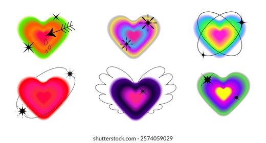 Set of six colorful neon gradient hearts with glowing effects, sparkles, and abstract elements on a white background. Vector illustration in Y2K aesthetic. Love and Valentine's Day concept.