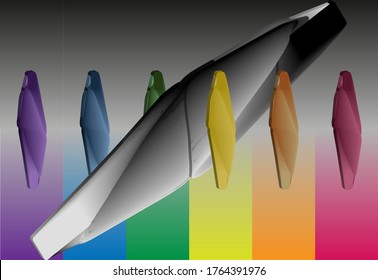 Conjunto de seis objetos coloridos y uno blanco y negro sobre un fondo gris y arcoiris