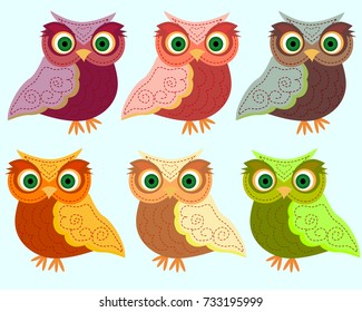 a set of six colorful owls with a pattern on the wings