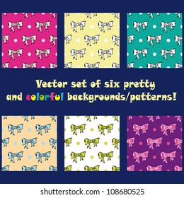 Set of six colorful patterns/backgrounds/wallpapers with ribbons and polka dots