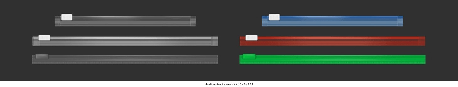 Set of six colorful plastic zip sliders in different shades on dark background. Perfect for packaging design and creative projects. Highquality realistic illustration.