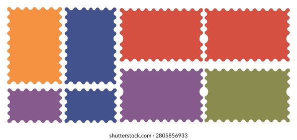 Set of six colorful postage stamp frames with scalloped edges in various rectangular shapes and sizes isolated on a white background