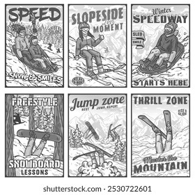 Set of six colorful posters in vintage style with snowboarders and skiers enjoying their time in the mountains. Perfect for winter sports advertisement.