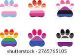 Set of Six Colorful Pride Paw Print Icons with LGBT Rainbow Transgender Lesbian Bisexual Genderqueer and Asexual Flag Colors Vector