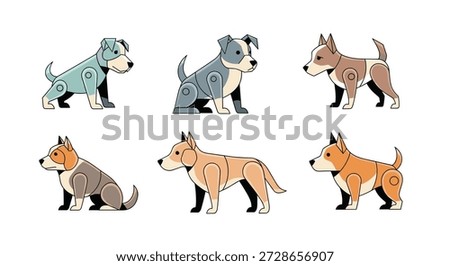 Set of six colorful robot dog characters in various breeds and poses featuring mechanical joints and futuristic designs.