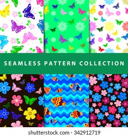 Set of six colorful seamless pattern. Hand drawn background. Vector illustration.