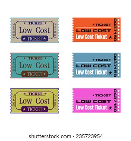 Set of six colorful tickets with the text low cost ticket written on each ticket