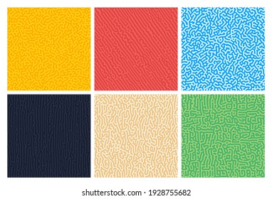 Set of six colorful turing reaction gradient backgrounds. Abstract diffusion pattern with chaotic shapes. Vector illustration.