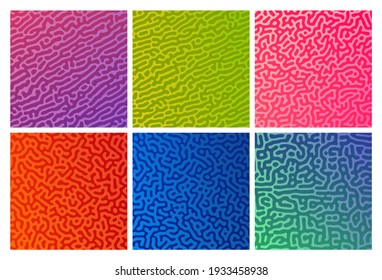 Set of six colorful turing reaction gradient backgrounds. Abstract diffusion pattern with chaotic shapes. Vector illustration.