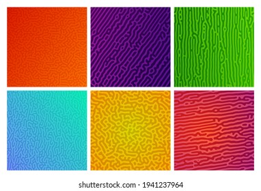 Set of six colorful turing reaction gradient backgrounds. Abstract diffusion pattern with chaotic shapes. Vector illustration.