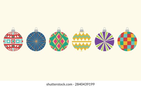 Set of six colorful and uniquely patterned Christmas ball ornaments arranged in a row on a cream background.