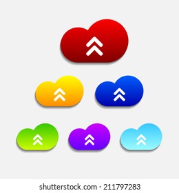 Set of six colorful upload cloud icons