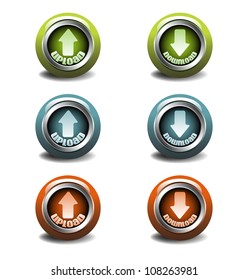 Set of six colorful upload and download buttons suitable for various websites