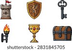 A set of six colorful vector icons featuring medieval fantasy elements including a castle tower, a griffin shield, an antique key, a wall torch, a golden chalice, and a treasure chest.