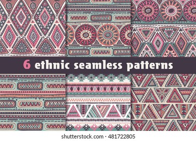 Set of six colorful vector seamless patterns with hand drawn ethnic elements. Geometric design with triangle forms and stripes. Folk motif for print, web, textile, wrapping paper.