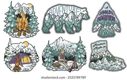 Set of six colorful vintage patches with designs inspired by outdoor activities in the nature, featuring snowy landscapes, wild animals and people enjoying wintertime