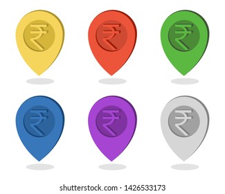 Set of six colourful map pointers with Indian rupee sign engraved in the middle and with shadow effect. 
