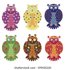 Set of six colourful vector owls with lace ornamental bodies and without contour lines, isolated on white background