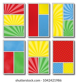 set of six comic book page templates with three panels. colorful backgrounds for scenes and speech bubbles with halftone dotted background and radial lines