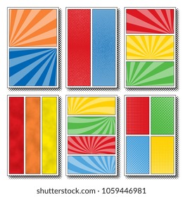 set of six comic book page templates with various panels. colorful backgrounds for scenes and speech bubbles with halftone dotted background and radial lines