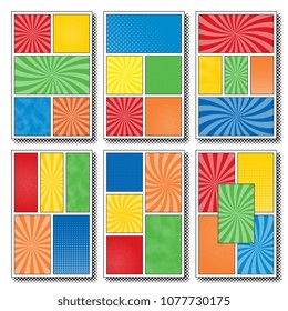 set of six comic book page templates with five panels. colorful backgrounds for scenes and speech bubbles with halftone dotted background and radial lines