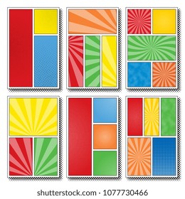 set of six comic book page templates with various panels. colorful backgrounds for scenes and speech bubbles with halftone dotted background and radial lines