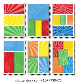 set of six comic book page templates with various panels. colorful backgrounds for scenes and speech bubbles with halftone dotted background and radial lines