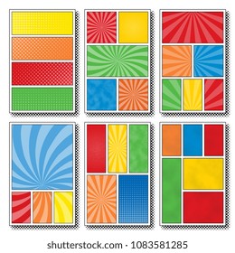 set of six comic book page templates with four, five and six panels. colorful backgrounds for scenes and speech bubbles with halftone dotted background and radial lines